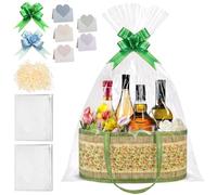 Empty Woven Bamboo Gift Basket - 1Pcs Green Foldable Large Empty Hamper Basket with Handles with 2 Bags 2 Pull Bows 1 Parts Raffia and 5 Greeting Cards for Baby Shower Easter Housewarming (30x20x16cm)
