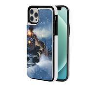 EMPYRI Winter Christmas Snow Night Railway Train Printed Wallet Case for iPhone 12 Case, Pu Leather Wallet Case with Card Holder, Shockproof Phone Cover for iPhone 12 Case 6.1" White
