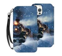 EMPYRI Winter Christmas Snow Night Railway Train Wallet Cases for iPhone 12 with Card Holder - Flip Leather Phone Wallet Case Cover with Card Slots and Wrist Strap,6.1 Inch