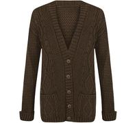 EMRE FASHION New Womens Chunky Aran Cable Knit Grandad Cardigan Ladies Everyday Long Sleeve Button Top UK Size (UK, Numeric, 12, 14, Regular, Regular, Chocolate Brown)