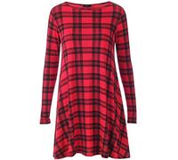 EMRE FASHION® Women Celebrity Style Round Neck Long Sleeve Tartan Check Flared Swing Dress - Ladies A-Line Casual Summer Skater Mini Dress Top (Red, 16-18)