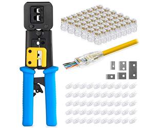 EMS RJ45 Crimp Tool Kit, with 50 Cat6 Pass-Through Connectors and 50 Clear Cable Strain Relief Boots and Extra Blades, EZ Cut, Strip, Crimp Ethernet Cables
