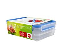 Emsa 513576 Clip & Close stacking boxes, 22.7 x 16.7 x 8 cm, 2 x 0.6 l, transparent/blue
