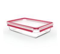 Emsa Clip & Close Glass Food Storage Container, Rectangular, 3 L, 100% Leak-Proof, Non-Slip Stacking, Glass Container, Dishwasher, Freezer, Oven, Microwave Safe, Red, Transparent, N10412