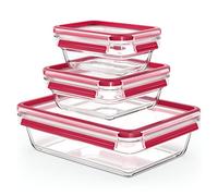 Emsa Clip & Close Glass Food Storage Containers Set, Rectangular, 0.45 and 0.8 and 2 L, 100% Leak-Proof, Glass Containers, Dishwasher, Freezer, Oven, Microwave Safe, Red, Transparent, N10509