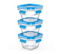 Emsa N10507 Clip & Close Glass Food Storage Containers Set of 3 | 3 x 0.18 L | Stackable | Freezer Safe | Oven-Safe | Microwave Safe | 100% Leak Proof | Dishwasher Safe | Transparent/Blue