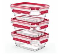 Emsa N10511 Clip & Close Glass Food Storage Containers Set of 3 | 3 x 0.45 L | Stackable | Freezer Safe | Oven-Safe | Microwave Safe | 100% Leak Proof | Dishwasher Safe | Transparent/Red