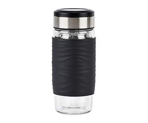 Emsa N20804 Tea Mug Made of Double-Walled Glass | Keeps Warm for 1 Send | 0.4 litres | Removable Strainer | BPA Free | 100% Leak-Proof | Black
