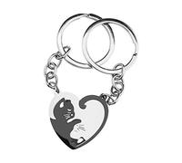EMSea Pair of Heart-Shaped Cat Couple Keyrings Stainless Steel Puzzle Pendant Keychains Black for Anniversary Valentine's Day