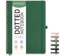 EMSHOI A4 Dotted Notebook, Spiral Notepad, 100gsm, PU HardCover Leather, Stencils, Pocket, Pen Loop, Ruler, Bookmark, 110 Pages Bullet Dot Grid Journal for Women Men Writing, 21x28.5cm, Green