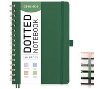 EMSHOI A5 Dotted Notebook, Spiral Notepad, 100gsm, PU HardCover Leather, Stencils, Pocket, Pen Loop, Ruler, Bookmark, 140 Pages Bullet Dot Grid Journal for Women Men Writing, 14.5 x 21cm, Green