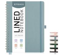 EMSHOI B5 Notebook Lined Journal, 100gsm, PU Leather Hardcover, Sticky Notes, Pocket, Pen Loop, Ruler, Bookmark, 140 Pages Ruled Spiral Notepad for Women Men Writing, 19 x 25.8cm, Gray Blue