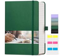 EMSHOI Notebook A5-400 Pages 100gsm Thick Notepad, Lined Journal Hardcover Vegan Leather Ruled Note Book Daily for Women Men Work School Office Writing, Sticky Notes, 14.5 x 21cm, Dark Green