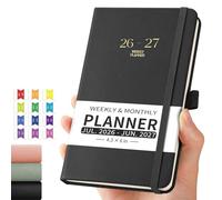 EMSHOI Pocket Calendar 2026-2027, Small Mini Academic Planner Weekly and Monthly, July 2026-June 2027, School Student Teacher Agenda, Leather Hardcover, 100GSM Paper, Tabs, A6 4.3"x6", Black