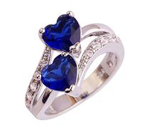 Emsione Vintage Style 925 Sterling Silver Cubic Zirconia Double Heart Blue and White Topaz Love Ring, US6, Sterling Silver, Sapphire