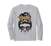 EMT Messy Bun Hair Funny Leopard Nurse Long Sleeve T-Shirt