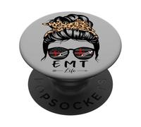 EMT Messy Bun Hair Funny Leopard Nurse PopSockets Adhesive PopGrip