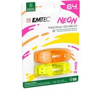 EMTEC C410 Neon 64GB Flash Drive - USB 2.0 - Transparent Neon with Cap, Pack of 2