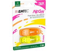 EMTEC C410 USB 2.0 Flash Drive 32 GB Read 5 Mb/S Write 15 Mb/S Compatible with USB 2.0 USB 3.0 Transparent Fluorescent Neon with Cap Pack of 2