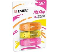 EMTEC C410 USB 2.0 Flash Drive 32 GB Read 5 Mb/S Write 15 Mb/S Compatible with USB 2.0 USB 3.0 Transparent Fluorescent Neon with Cap Pack of 3