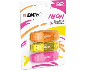 EMTEC C410 USB 2.0 Flash Drive 32 GB Read 5 Mb/S Write 15 Mb/S Compatible with USB 2.0 USB 3.0 Transparent Fluorescent Neon with Cap Pack of 3