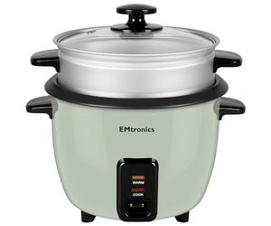 EMtronics EMRCDSTSG1-5 Rice Cooker 1.5 Litre with Automatic Cooking, Steamer Tray and Warmer Function with Removable Non-Stick Bowl, Measuring Cup and Spatula 500W - Sage Green