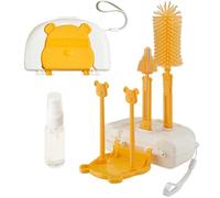 EMTSEB 7 in 1 Baby Bottle Brush Set, Travel Portable Bottle Cleaning Kit with Bottle Nipple Brush, Straw Cleaner, Soap Dispenser, Storage Box, Drying Rack (Yellow)