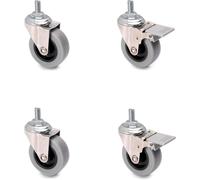 Emuca Pack of 4 Grey Swivel Castors with Brake, 50mm Diameter, M8 Bolt