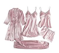EMUKFD 4PCS Pajama Sets for Women Sexy Nightgown and Robe Set Cami Top Lace Sleepwear with Chest Pads Loungewear