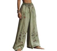EMUKFD Baggy Trousers Women Breathable Linen Wide Leg Elasticated Waist Bohemian Lounge Joggers Lightweight Baggy Holiday Palazzo Pants Retro Printed Floaty Trouser Golf Trousers