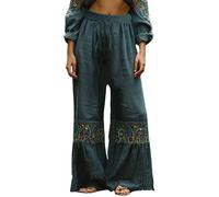 EMUKFD Black Trousers for Women UK Linen Wide Leg Elasticated Waist Bohemian Lounge Joggers Baggy Holiday Palazzo Pants Retro Printed Floaty Trouser Ladies Leisure Trousers