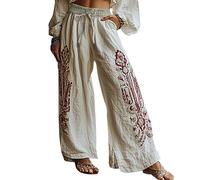 EMUKFD Boho Trousers for Women UK Linen Wide Leg Elasticated Waist Bohemian Lounge Joggers Baggy Holiday Palazzo Pants Retro Printed Floaty Trouser Paper Bag Trousers