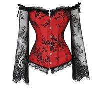 EMUKFD Bustier Corset Top Women Red Gothic Off-Shoulder Push Up Bodyshaper Lace Long Sleeve Steampunk Sexy Basque Boned Bustier Overbust Corsets Tops Lingerie Party Clubwear Halloween Costumes