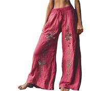 EMUKFD Capri Pants for Women UK Linen Wide Leg Elasticated Waist Bohemian Lounge Joggers Lightweight Baggy Holiday Palazzo Pants Retro Printed Floaty Trouser Bootcut Leggings
