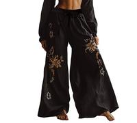 EMUKFD Capri Trousers for Women UK Linen Wide Leg Elasticated Waist Bohemian Lounge Joggers Baggy Holiday Palazzo Pants Retro Printed Floaty Trouser Pull on Jeans for Women UK