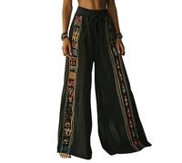 EMUKFD Crinkle Trousers Linen Wide Leg Elasticated Waist Bohemian Lounge Joggers Baggy Holiday Palazzo Pants Retro Printed Floaty Trouser Floaty Trousers for Women UK
