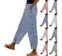 EMUKFD Cropped Trousers Women Linen Wide Leg Trousers Women Elasticated Waist Cropped Trouser Ladies Casual Striped Capris Pockets Drawstring Lightweight Palazzo Pants Holiday Beachwear Work Slacks
