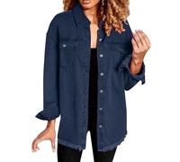 EMUKFD Denim Women Jacket,Ladies Spring Summer Lightweight Jacket Button Down Casual Smart Oversized Street Shacket Frayed Hem Boyfriend Jean Coats Vintage Washed Cowgirl Overshirt Fashion Cardigans