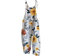 EMUKFD Dungarees for Women UK Wide Leg Boho Print Jumpsuit Floral Loose Fit Playsuits Cotton Linen Summer Beach Sleeveless Rompers Bib Overalls Breathable Baggy Casual Holiday Trousers Leisure Wear