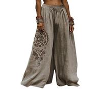 EMUKFD Elasticated Waist Trousers for Women Breathable Linen Wide Leg Bohemian Lounge Joggers Lightweight Baggy Holiday Palazzo Pants Retro Printed Floaty Trouser Straight Leg Joggers
