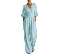 EMUKFD formal Jumpsuits for Women Light Blue Dungarees Womens Elegant Short Sleeve V Neck High Waist Romper Playsuit Linen Casual Wide Leg Jumpsuits Holiday formal Outfits Made In Italy Clothing