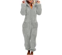 EMUKFD Fuzzy Onesie Jumpsuit Women One Piece Sherpa Fleece Warm Pajamas Cute Hooded Jumpsuits Zip Up Holiday Playsuit Teddy Bear Loungewear Christmas Flannel Plush Romper Sleepwear Grey
