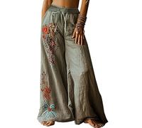 EMUKFD high Waisted Trousers for Women Breathable Linen Wide Leg Elasticated Waist Bohemian Lounge Joggers Lightweight Baggy Holiday Palazzo Pants Retro Printed Floaty Trouser Office wear