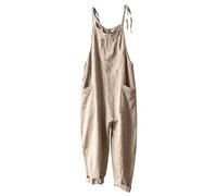 EMUKFD Jumpsuits for Women Summer Khaki Ladies Overalls Adjustable Straps Cotton Bib Overalls Baggy Dungaree Cropped Trousers Lightweight Holiday Sleeveless Jumpsuits Pockets Made In Italy Clothing