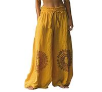 EMUKFD Ladies Cotton Trousers Breathable Linen Wide Leg Elasticated Waist Bohemian Lounge Joggers Lightweight Baggy Holiday Palazzo Pants Retro Printed Floaty Trouser Womens Culottes Yellow