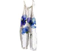 EMUKFD Ladies Overalls Workwear Dungarees Wide Leg Boho Print Jumpsuit Floral Loose Fit Playsuits Cotton Linen Summer Beach Sleeveless Rompers Bib Overalls Baggy Casual Holiday Trousers Leisure Wear