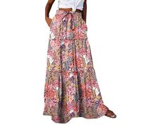 EMUKFD Ladies Skirts Elasticated Waist Summer Boho Floral Print High Elastic Waist A Line Maxi Skirt Pleated Tiered Flowy Beach Vacation Long Skirts Pockets Bohemia Long Dresses