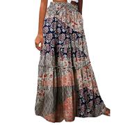 EMUKFD Ladies Skirts Summer Boho Floral Print High Elastic Waist A Line Maxi Skirt Elegant Pleated Tiered Flowy Beach Vacation Long Skirts Pockets Bohemia Vintage Party Long Dresses