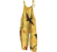 EMUKFD Linen Dungarees Women Wide Leg Boho Print Jumpsuit Floral Loose Fit Playsuits Cotton Linen Summer Beach Sleeveless Rompers Bib Overalls Breathable Baggy Casual Holiday Trousers Leisure Wear