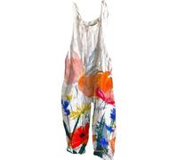 EMUKFD Linen Dungarees Women Wide Leg Boho Print Jumpsuit Floral Loose Fit Playsuits Cotton Linen Summer Beach Sleeveless Rompers Bib Overalls Breathable Baggy Casual Holiday Trousers Leisure Wear